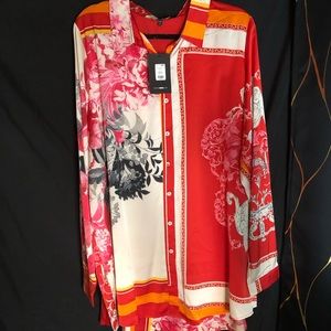 Satin Floral mixed print button down shirt